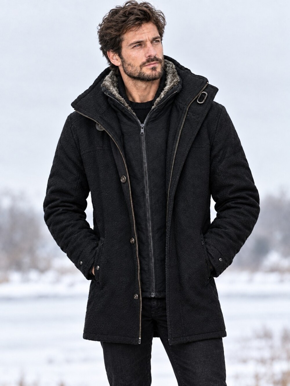 Point Zero Men's Black Wool Blend Zip & Button Faux Fur Trim Winter Car Coat M